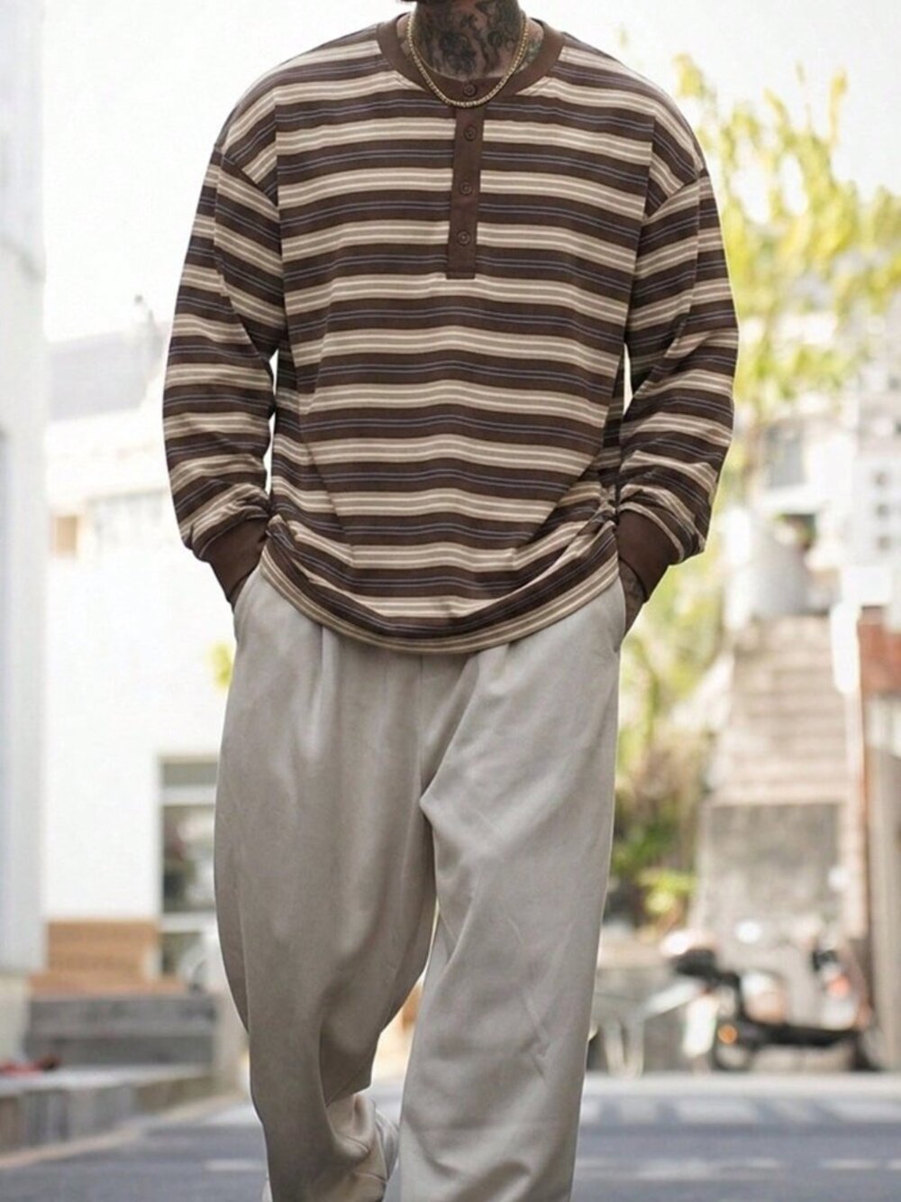Brown Men's Striped Drop Shoulder Henley T-Shirt